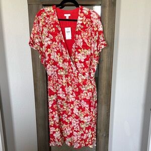 J. Jill Coral and White Flutter Sleeve Wrap Dress